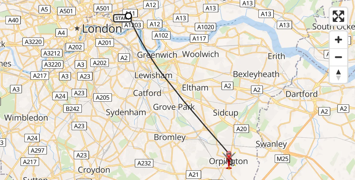 Flight path map showing Air Ambulance Helicopter route from Royal London Hospital to Greater London