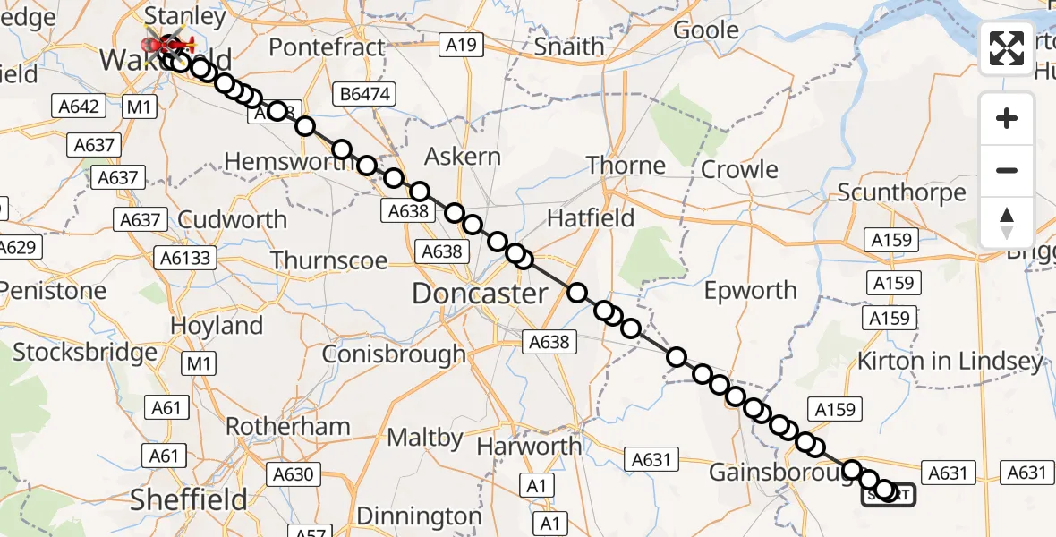 Flight path map showing Air Ambulance Helicopter route from Heapham CP to Newton Hill
