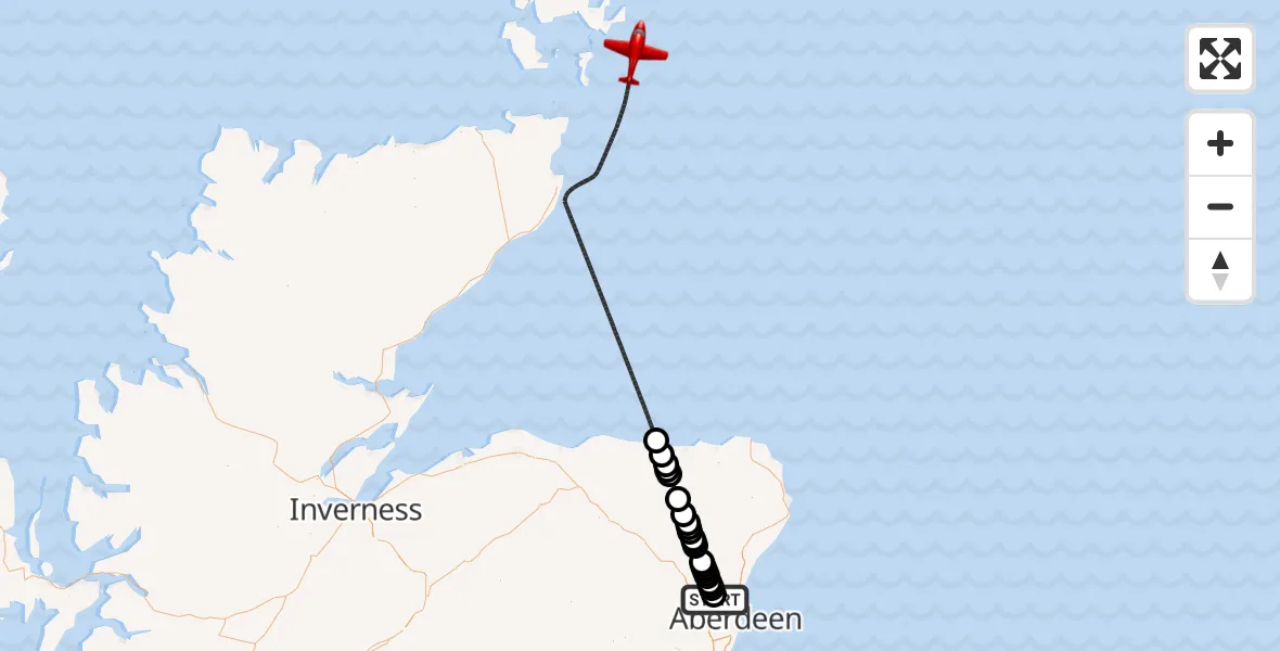 Flight path map showing Air Ambulance Aircraft route from Aberdeen International Airport to North Sea