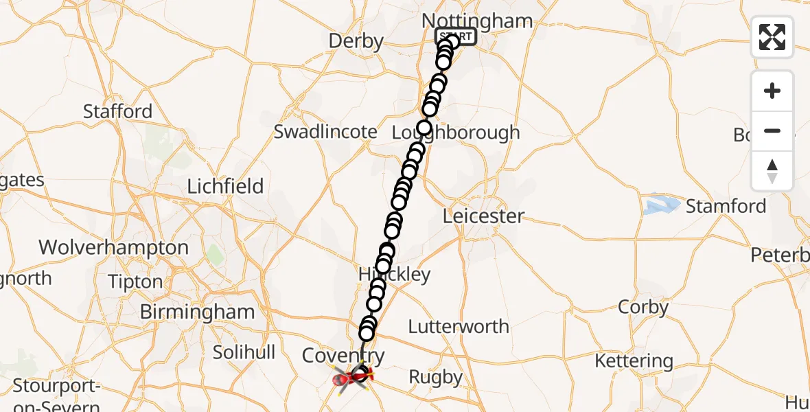 Flight path map showing Air Ambulance Helicopter route from Beeston to Coventry Airport