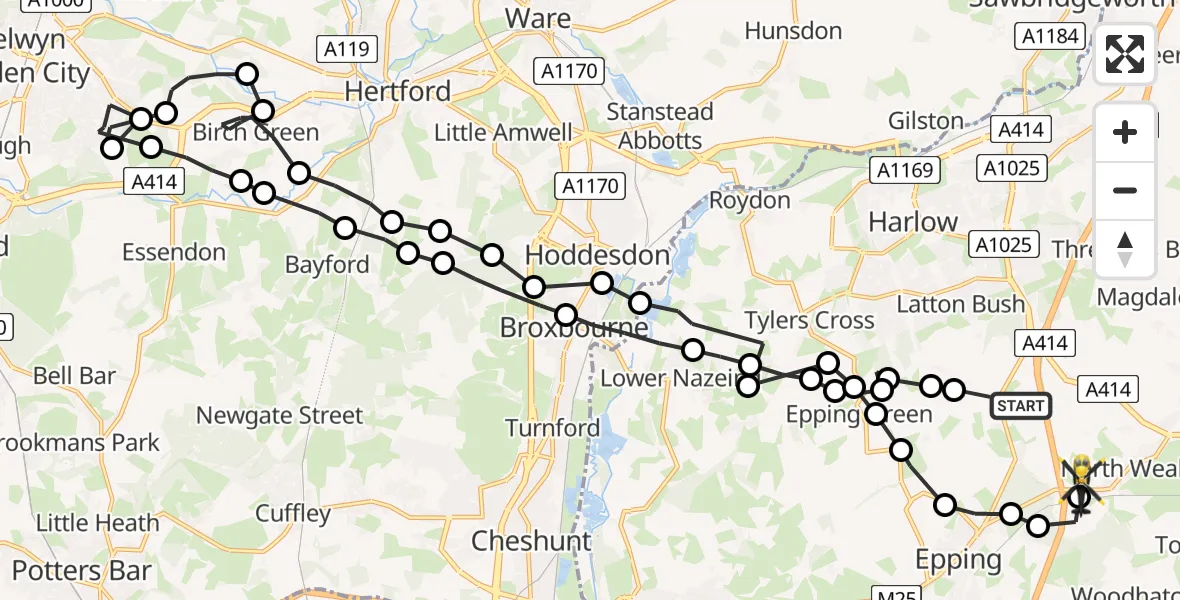 Flight path map showing Police Helicopter route from North Weald Bassett to North Weald Airfield