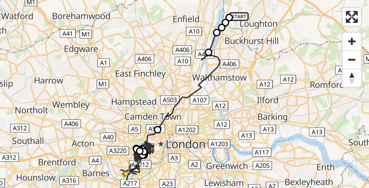 Flight path map showing Police Helicopter route from Metropolitan Police Air Support Unit Lippitts Hill to Greater London