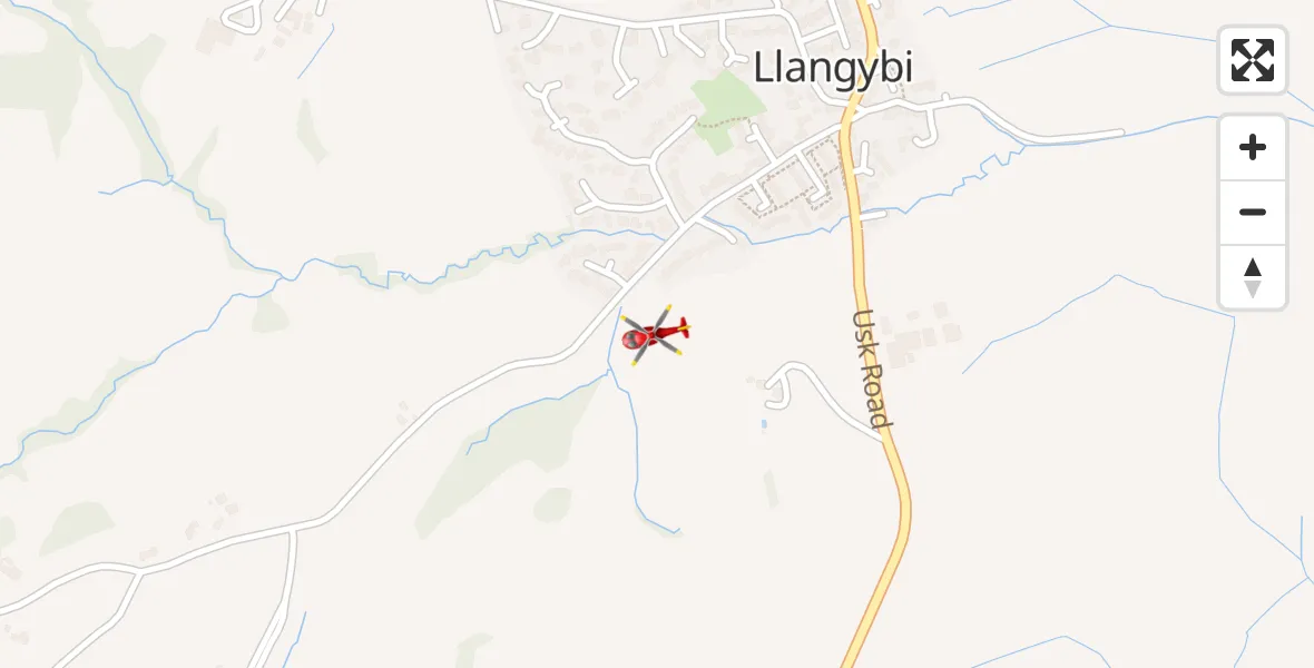 Flight path map showing Air Ambulance Helicopter route from Llangybi to Llangybi