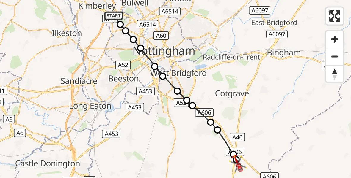 Routekaart van de vlucht: Air Ambulance Helicopter to Nottingham Heliport