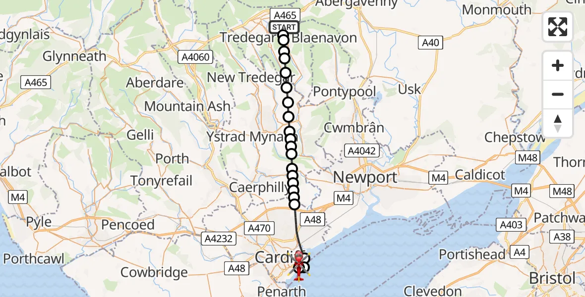 Flight path map showing Air Ambulance Helicopter route from Nantyglo to Cardiff Heliport
