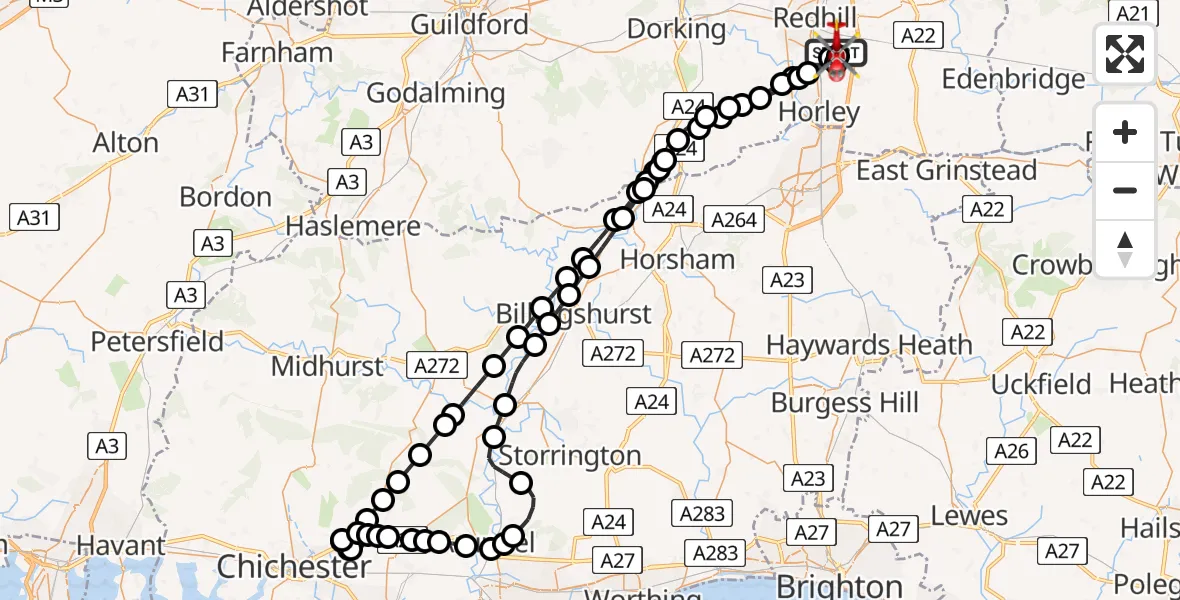 Flight path map showing Air Ambulance Helicopter route from Redhill Aerodrome to Redhill Aerodrome
