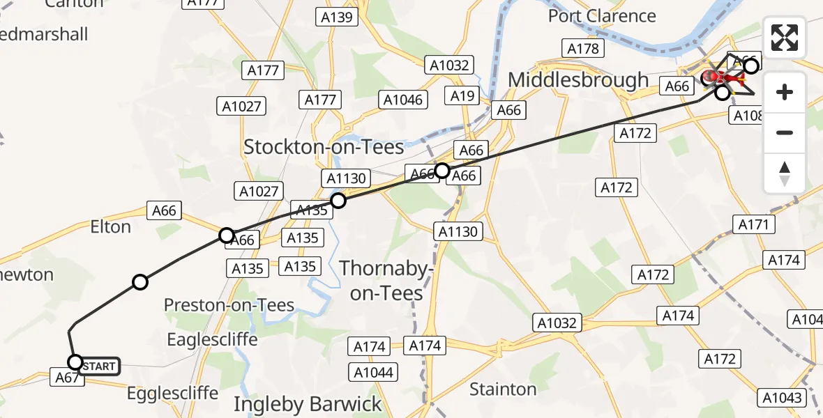Flight path map showing Air Ambulance Helicopter route from Egglescliffe to Salisbury Terrace
