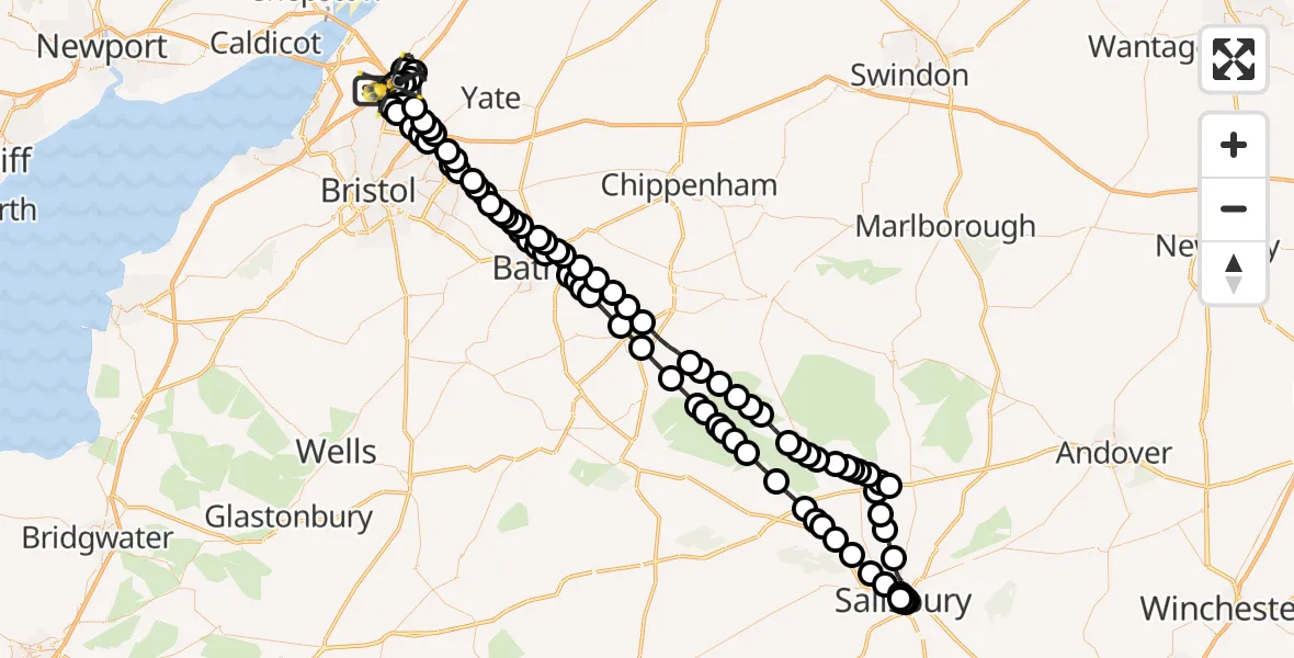 Flight path map showing Police Helicopter route from Almondsbury to Almondsbury Helicopter Base