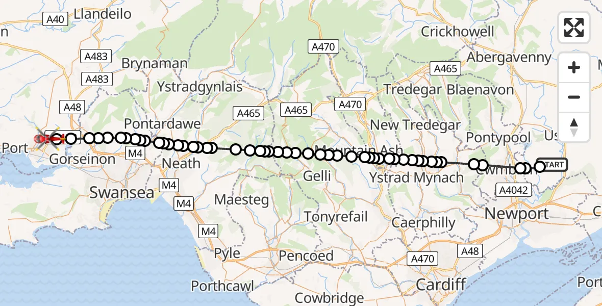 Flight path map showing Air Ambulance Helicopter route from Llangybi to Dafen