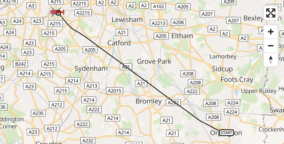 Flight path map showing Air Ambulance Helicopter route from Greater London to Kings College London Hospital