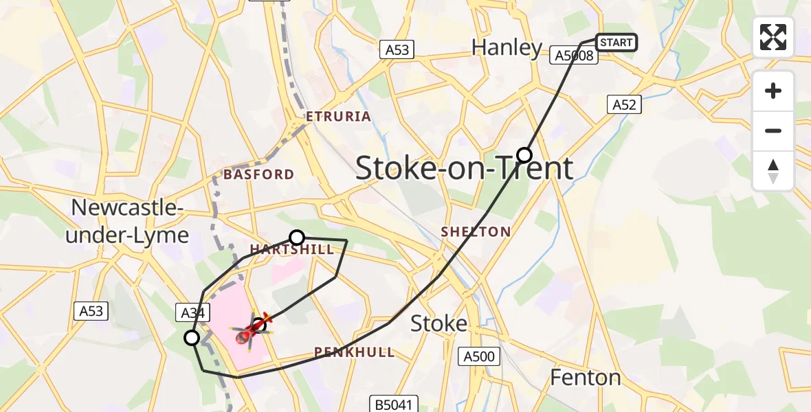 Flight path map showing Air Ambulance Helicopter route from Hanley to University Hospital North Staffs