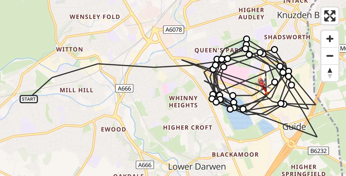 Flight path map showing Air Ambulance Helicopter route from Blackburn to Blackburn