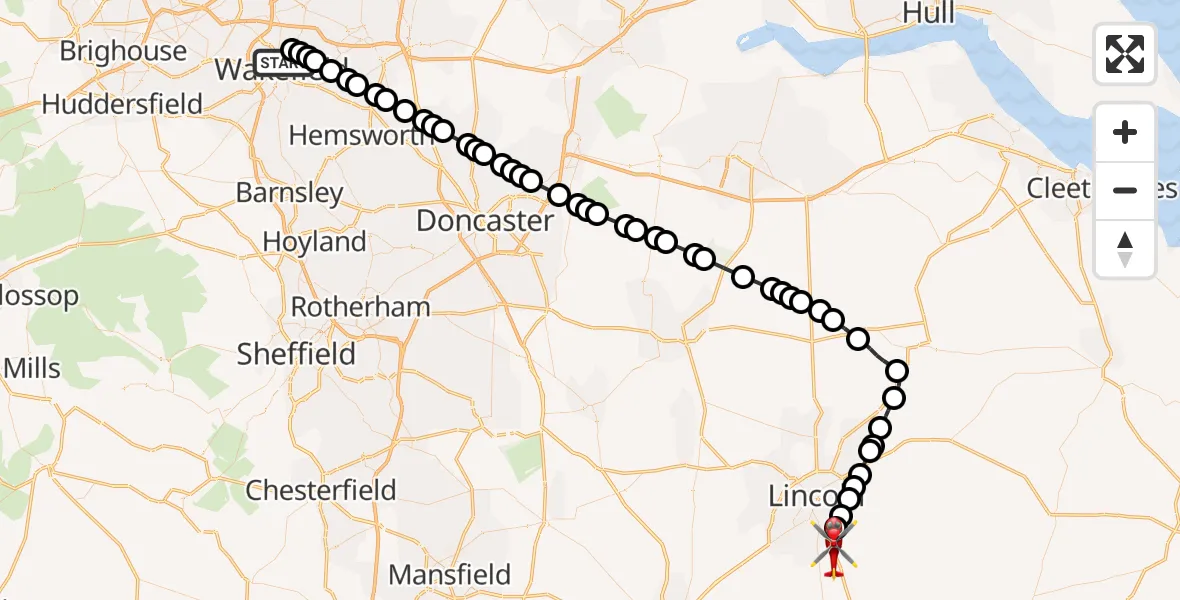 Routekaart van de vlucht: Air Ambulance Helicopter to North Kesteven, Sleaford Road