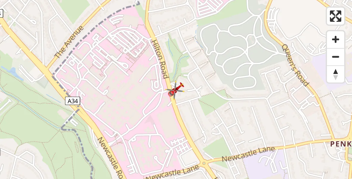 Flight path map showing Air Ambulance Helicopter route from University Hospital North Staffs to University Hospital North Staffs