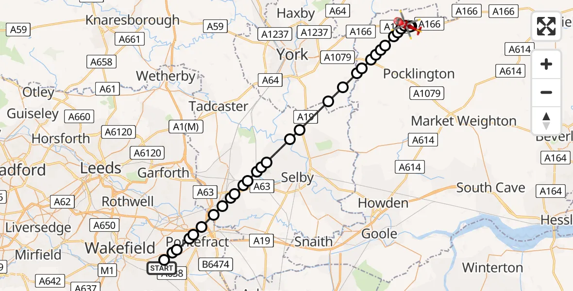 Flight path map showing Air Ambulance Helicopter route from YAA Nostell Helicopter Port to Bugthorpe