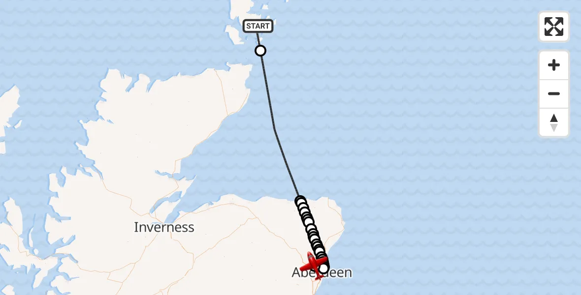 Flight path map showing Air Ambulance Aircraft route from North Atlantic Ocean to Aberdeen International Airport