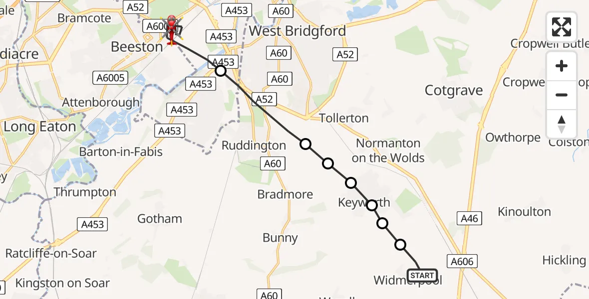 Flight path map showing Air Ambulance Helicopter route from Widmerpool to City of Nottingham