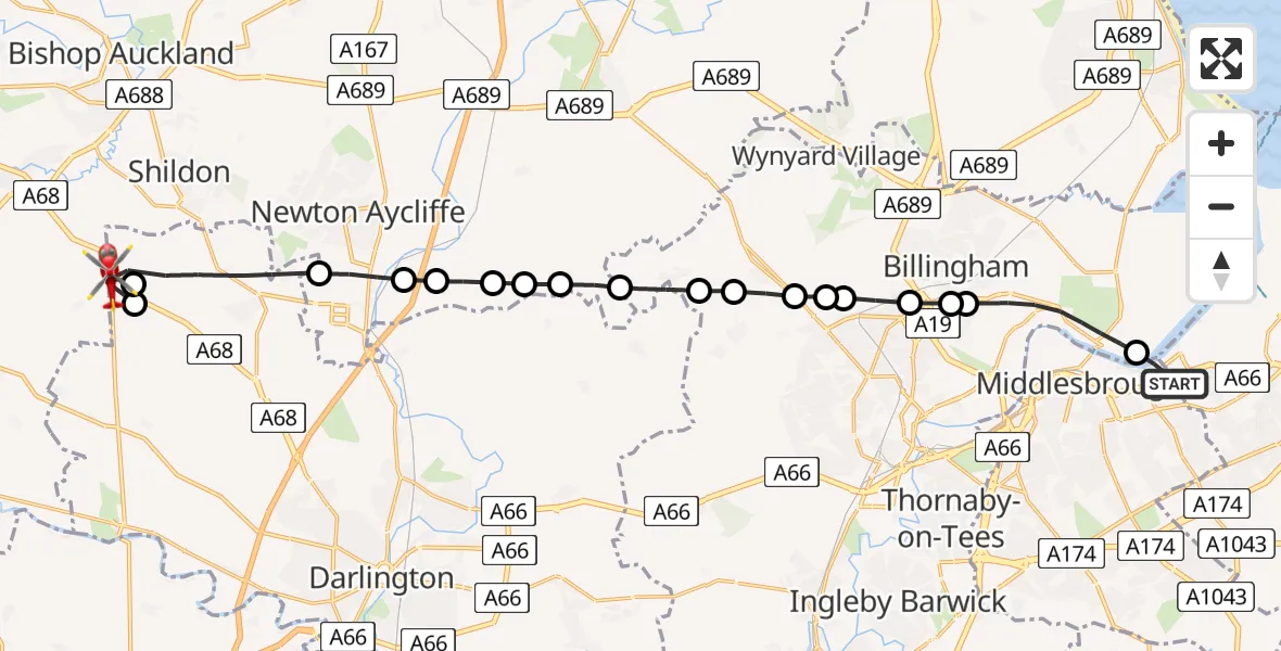 Flight path map showing Air Ambulance Helicopter route from Middlesbrough to Heighington