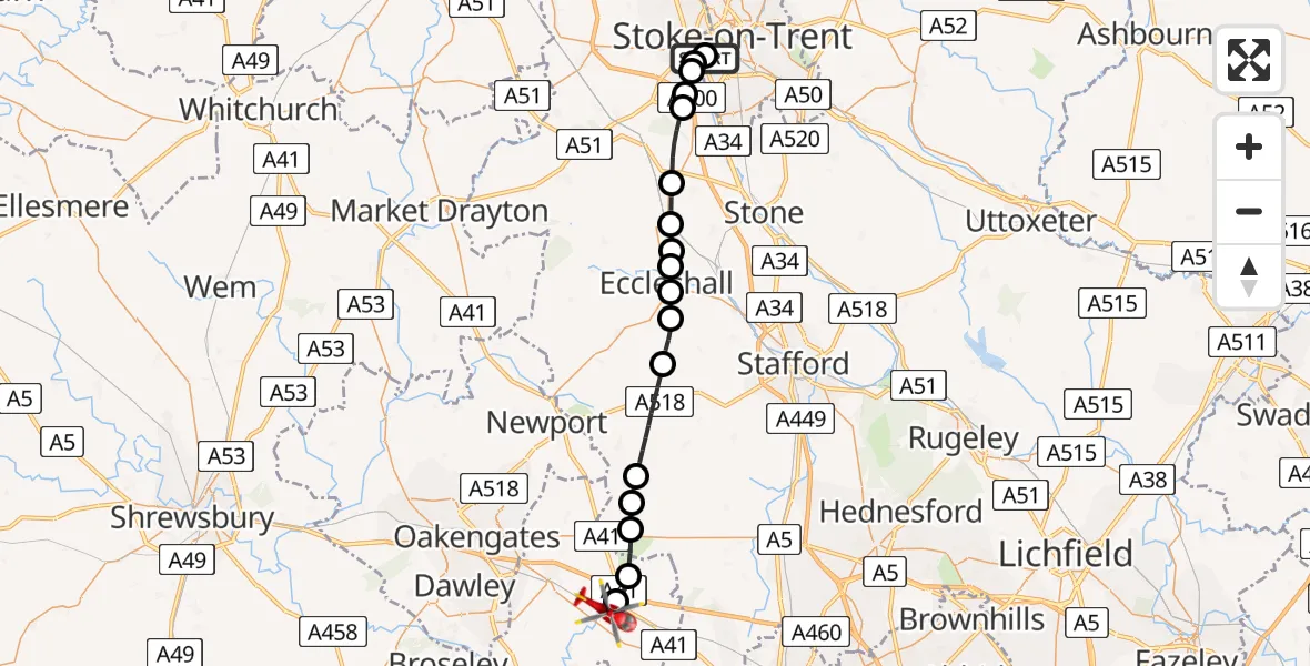 Routekaart van de vlucht: Air Ambulance Helicopter to Cosford, Airbase Avenue