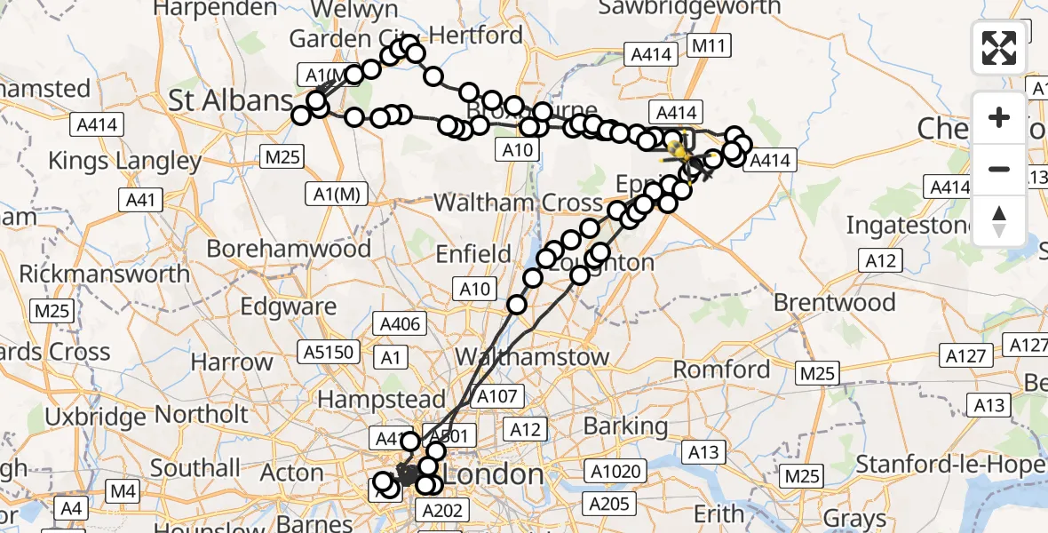 Flight path map showing Police Helicopter route from North Weald Bassett to North Weald Bassett