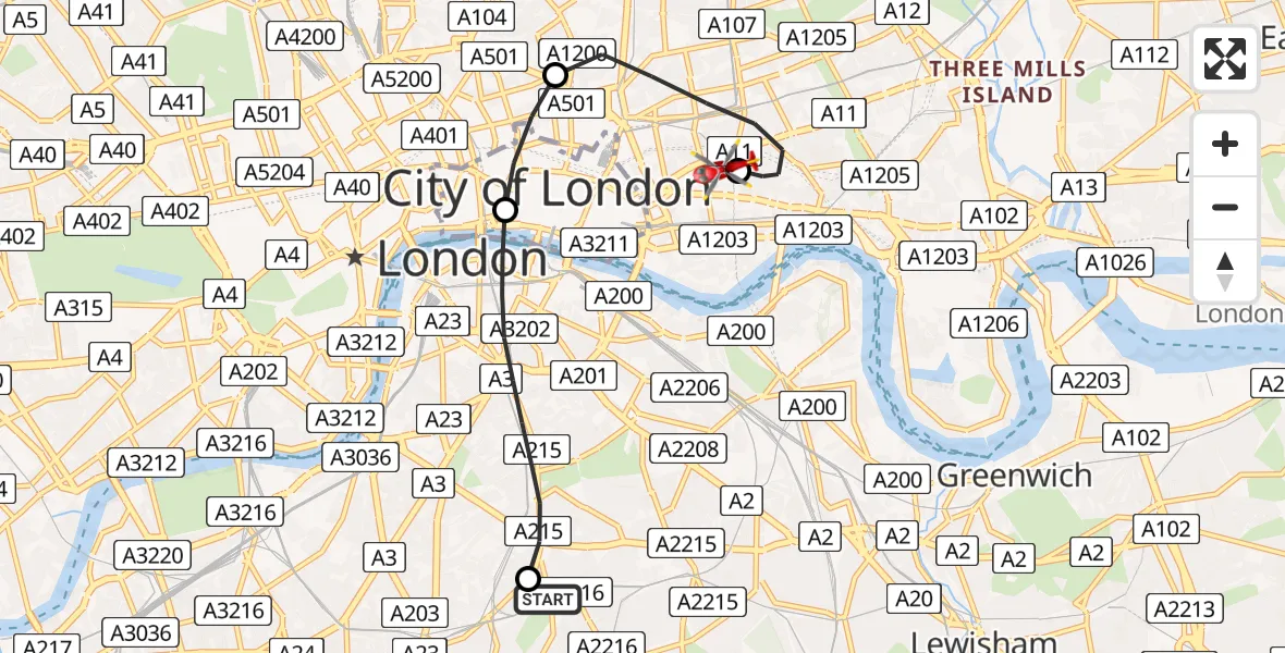 Flight path map showing Air Ambulance Helicopter route from Kings College London Hospital to Royal London Hospital
