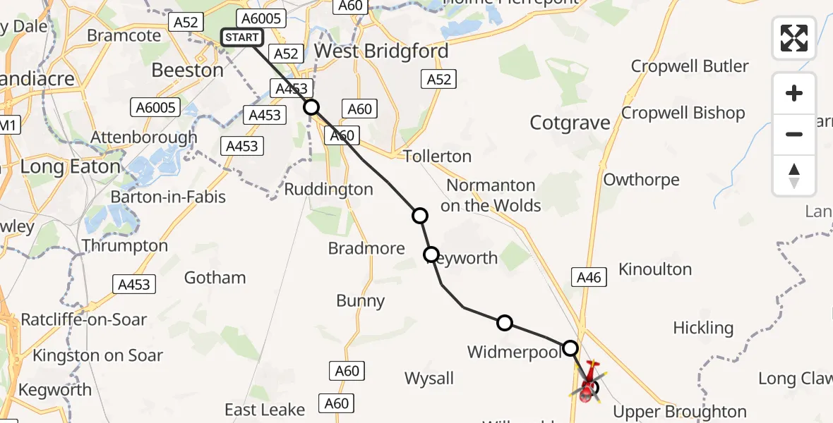 Flight path map showing Air Ambulance Helicopter route from City of Nottingham to Nottingham Heliport