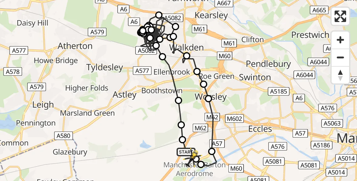 Flight path map showing Police Helicopter route from Manchester Barton Aerodrome to Manchester Barton Aerodrome
