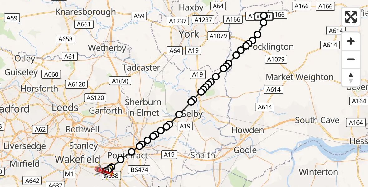 Flight path map showing Air Ambulance Helicopter route from Garrowby Hill to YAA Nostell Helicopter Port