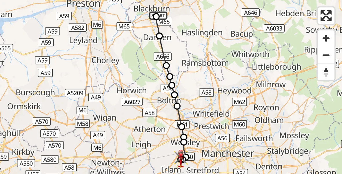 Flight path map showing Air Ambulance Helicopter route from Blackburn to Manchester Barton Aerodrome