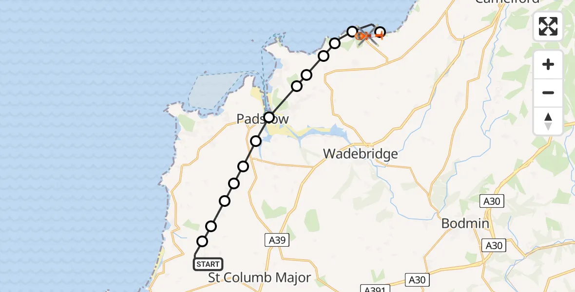 Flight path map showing Coastguard Helicopter route from Cornwall Airport Newquay to Port Isaac