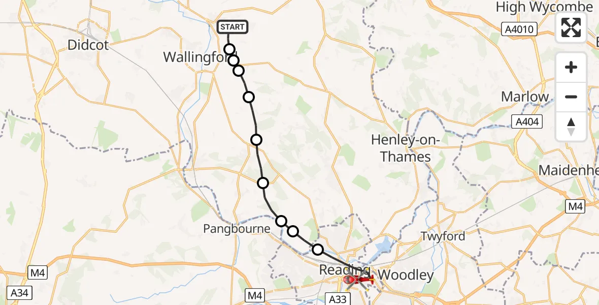 Flight path map showing Air Ambulance Helicopter route from RAF Benson to Reading