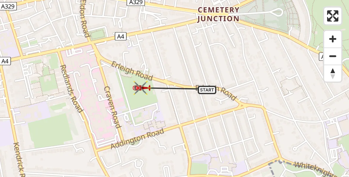 Flight path map showing Air Ambulance Helicopter route from Reading to Reading