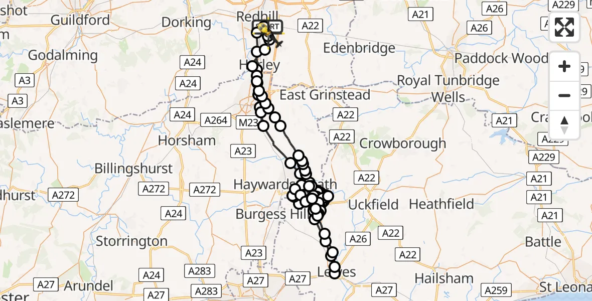 Flight path map showing Police Helicopter route from South Nutfield to Redhill Aerodrome