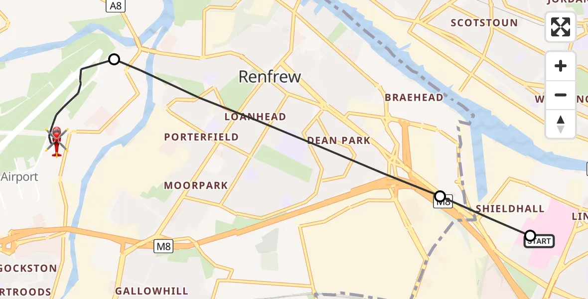 Flight path map showing Air Ambulance Helicopter route from Queen Elizabeth Hospital to Glasgow Airport