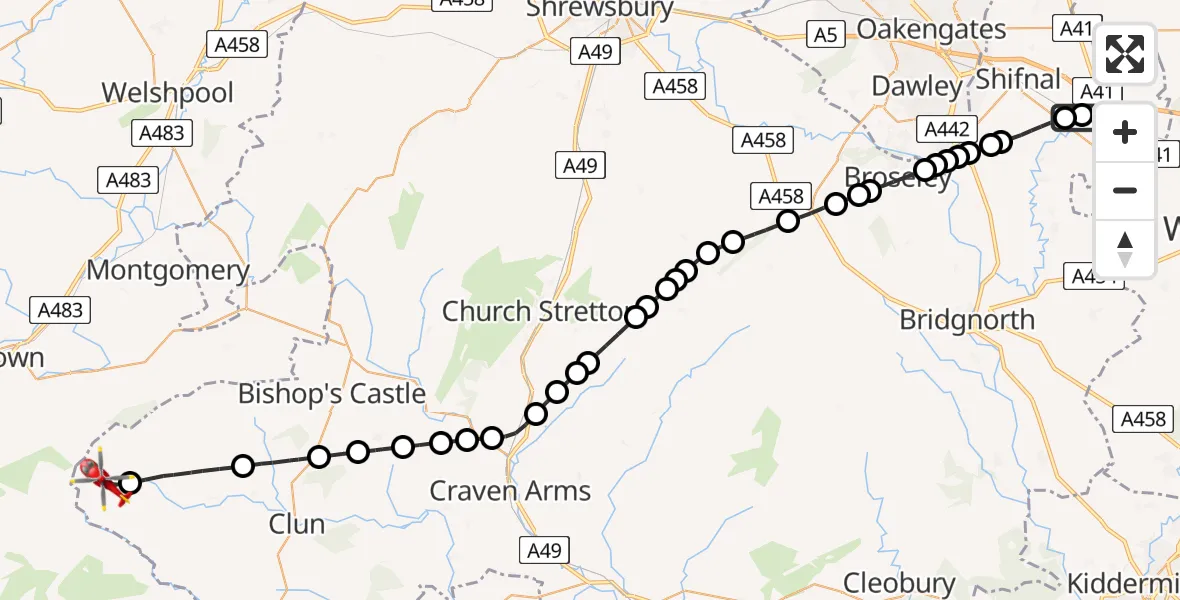 Flight path map showing Air Ambulance Helicopter route from RAF Cosford to Shropshire
