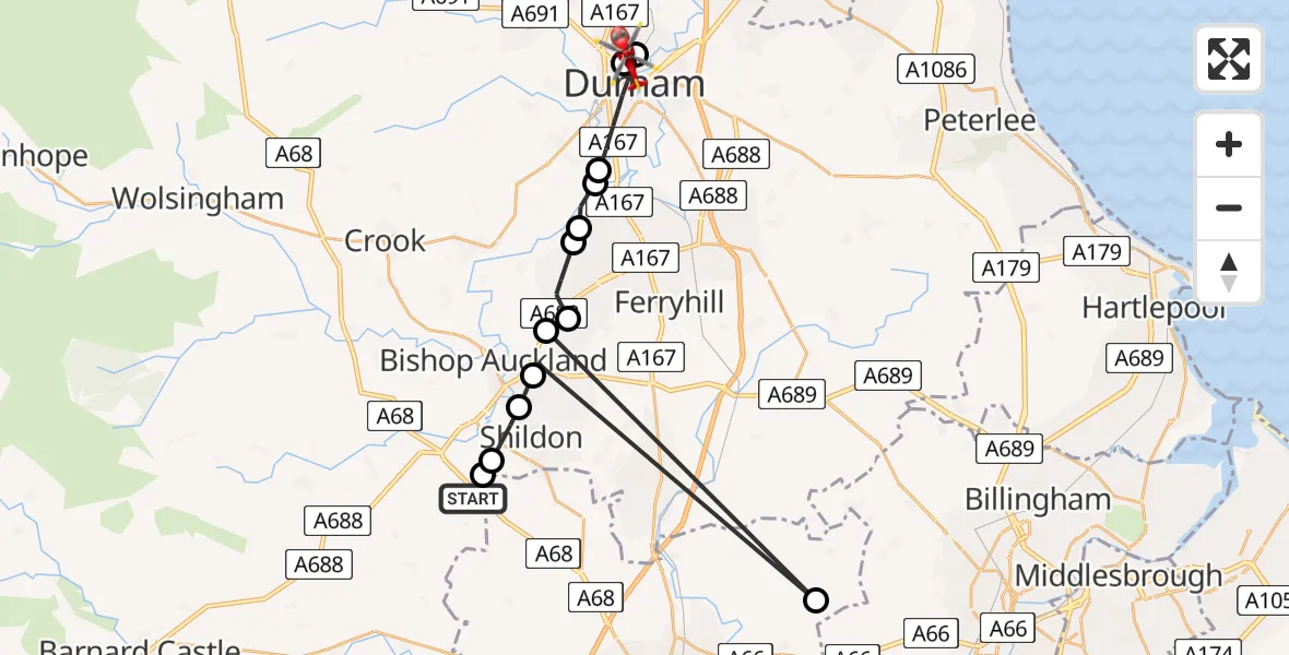 Flight path map showing Air Ambulance Helicopter route from Heighington to Durham