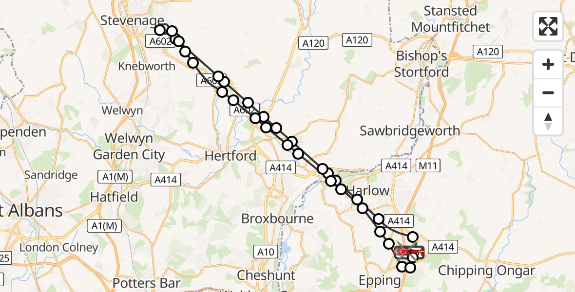 Flight path map showing Air Ambulance Helicopter route from North Weald Airfield to North Weald Airfield