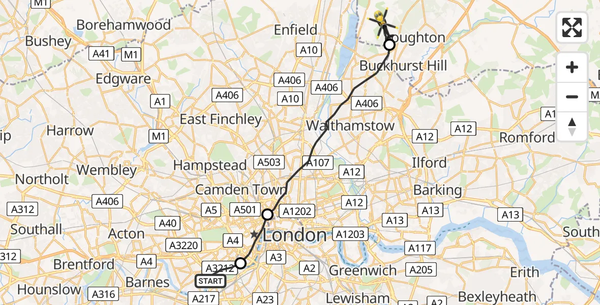 Flight path map showing Police Helicopter route from Greater London to Sewardstonebury