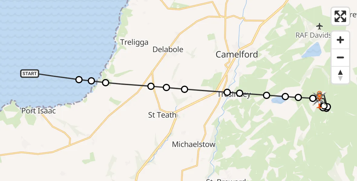 Flight path map showing Coastguard Helicopter route from Bristol Channel to 43rd Wessex Memorial