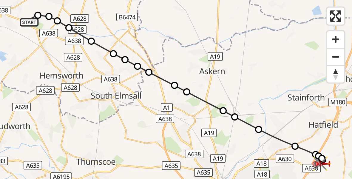 Flight path map showing Air Ambulance Helicopter route from YAA Nostell Helicopter Port to Armthorpe