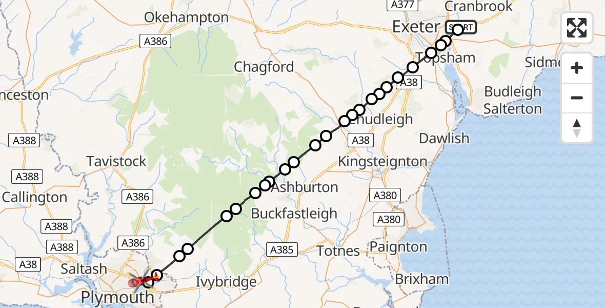 Flight path map showing Air Ambulance Helicopter route from Clyst Honiton to Plympton