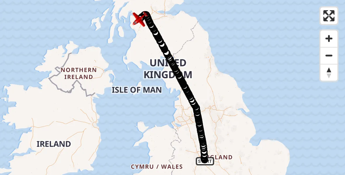 Flight path map showing Air Ambulance Aircraft route from Birmingham Airport to Glasgow Airport