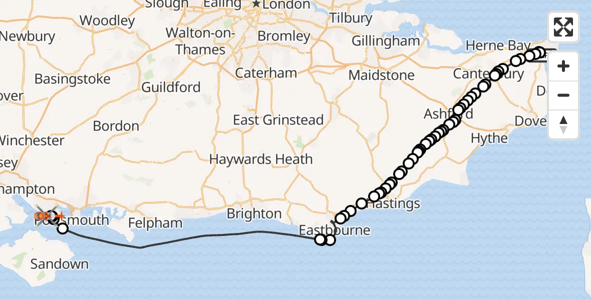 Flight path map showing Coastguard Helicopter route from Manston Airport to Solent Airport