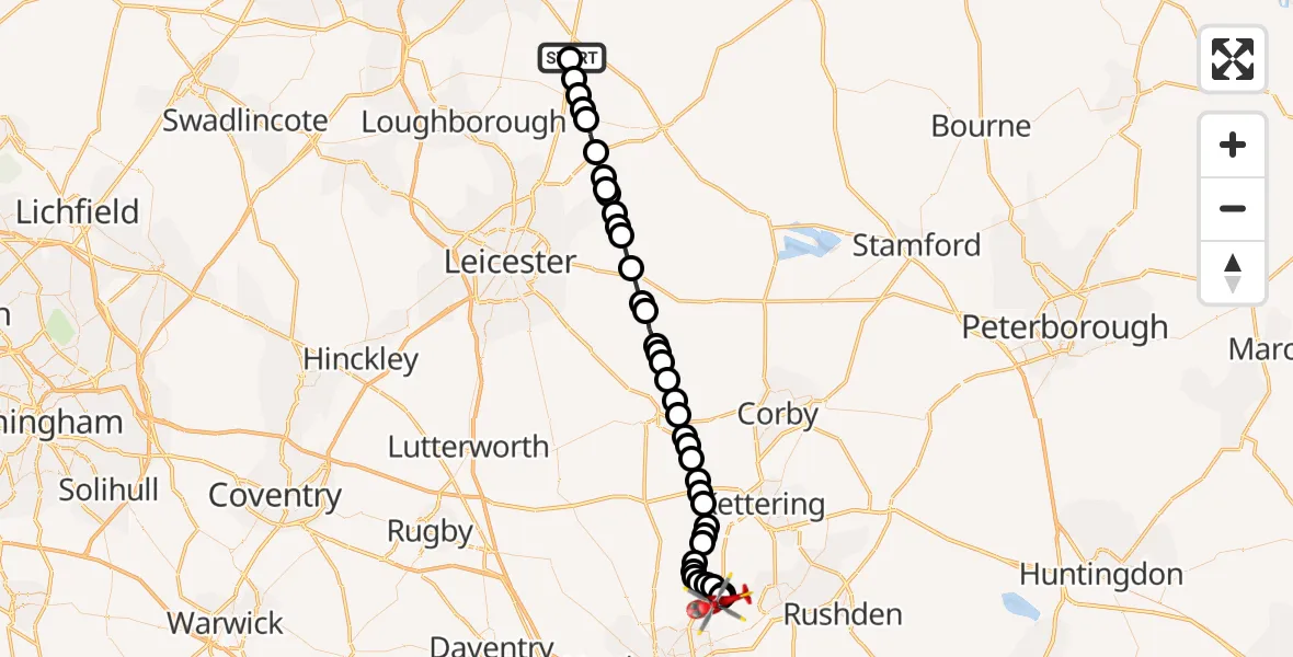 Flight path map showing Air Ambulance Helicopter route from Nottingham Heliport to Sywell Aerodrome