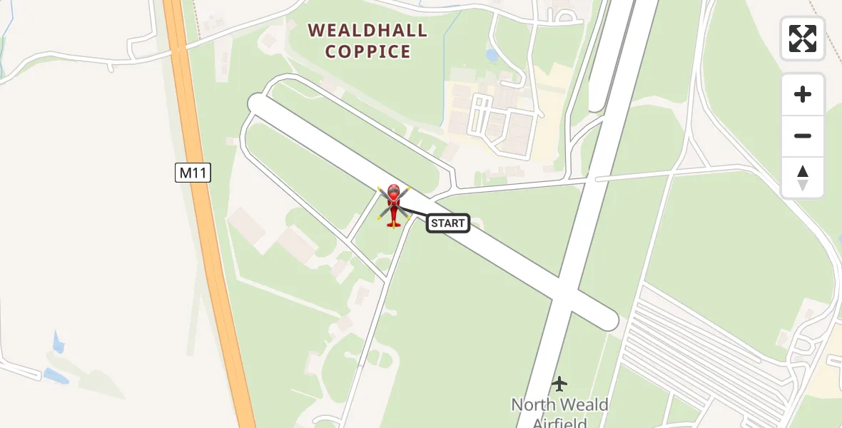 Flight path map showing Air Ambulance Helicopter route from North Weald Airfield to North Weald Airfield