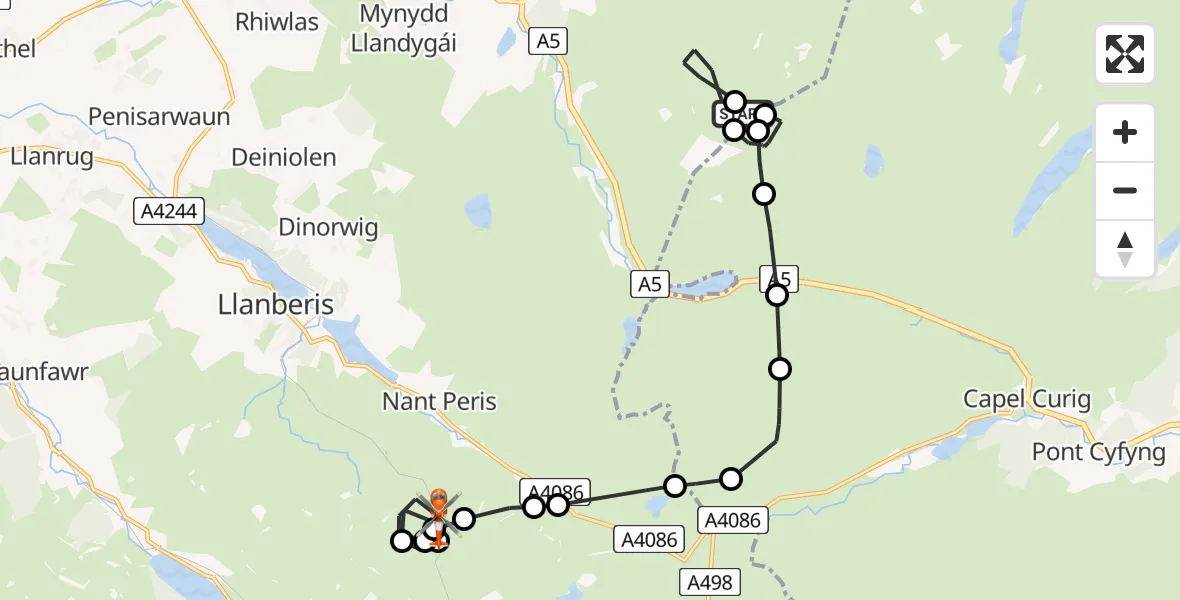 Flight path map showing Coastguard Helicopter route from Llech Ddu Spur to Llanberis