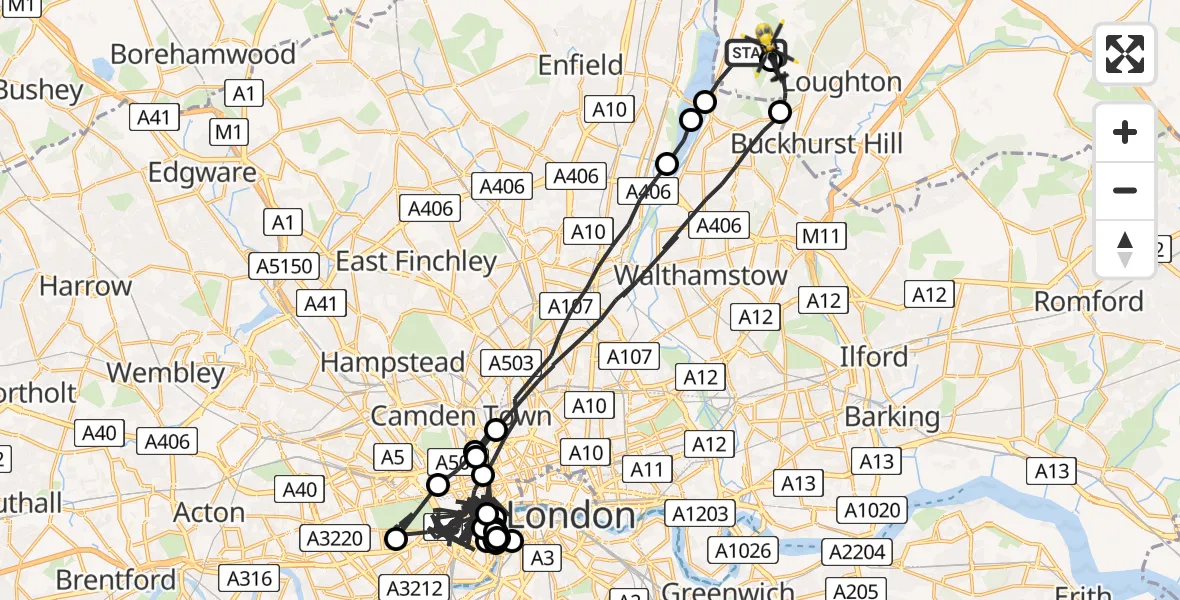 Flight path map showing Police Helicopter route from Sewardstonebury to Sewardstonebury