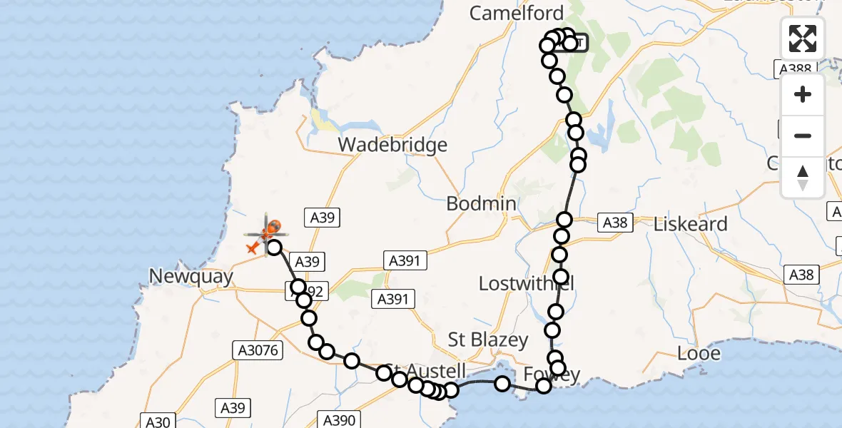 Flight path map showing Coastguard Helicopter route from 43rd Wessex Memorial to Cornwall Airport Newquay
