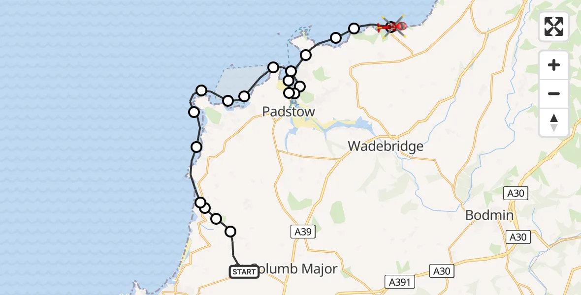 Flight path map showing Air Ambulance Helicopter route from Cornwall Airport Newquay to Port Isaac