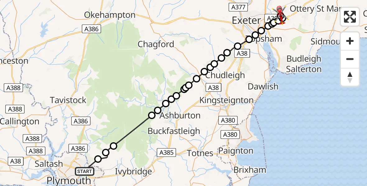 Flight path map showing Air Ambulance Helicopter route from Plympton to Exeter International Airport